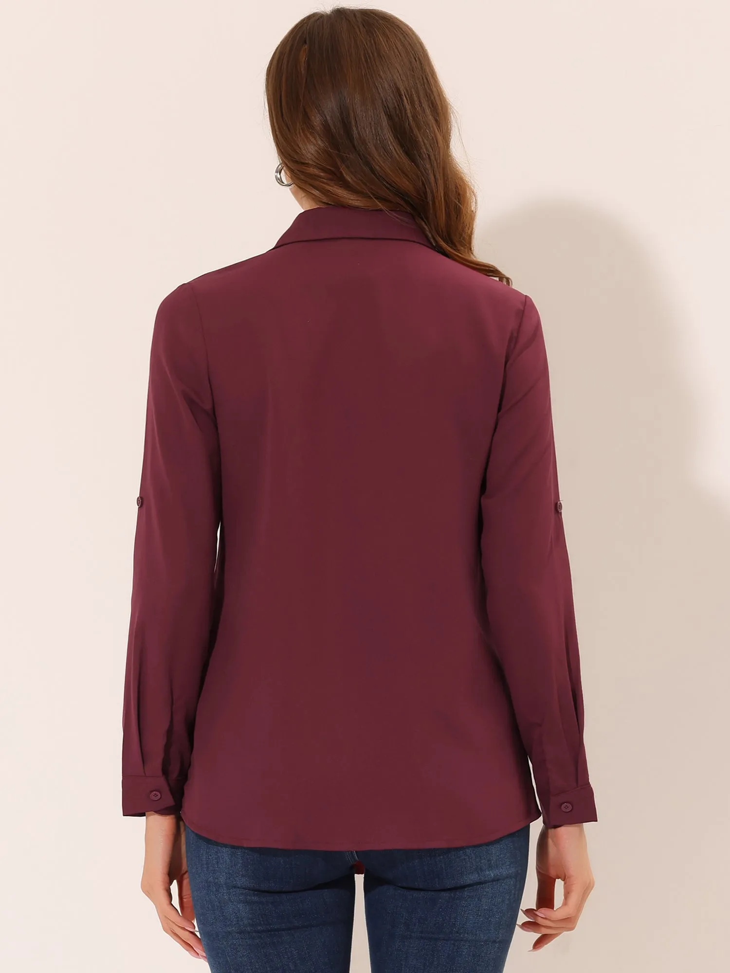 3/4 Roll Sleeve V Neck Pleated Front Collared Solid Work Blouse