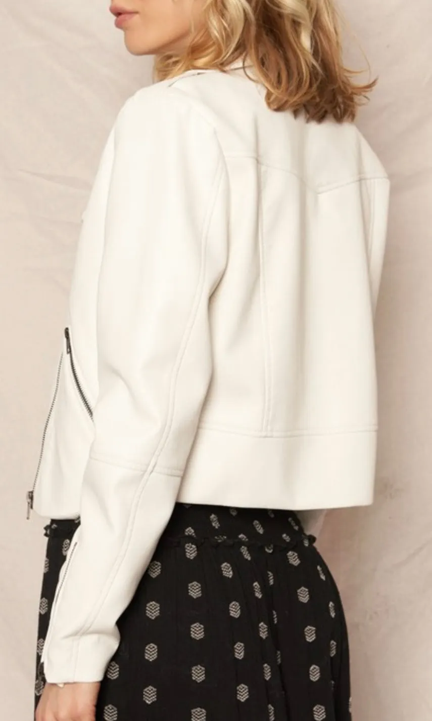 Adly White Faux Leather Moto Biker Jacket