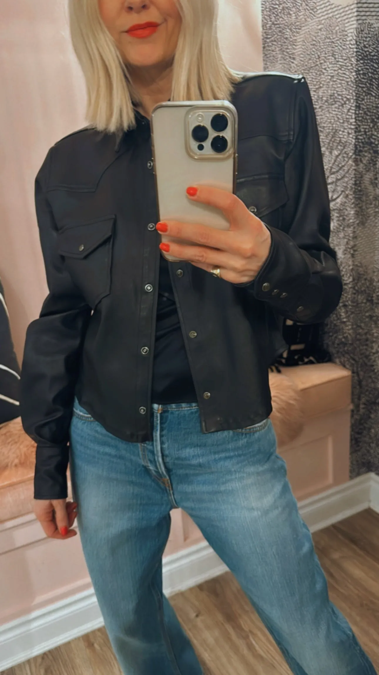 Black Leather Cropped Western Button Down
