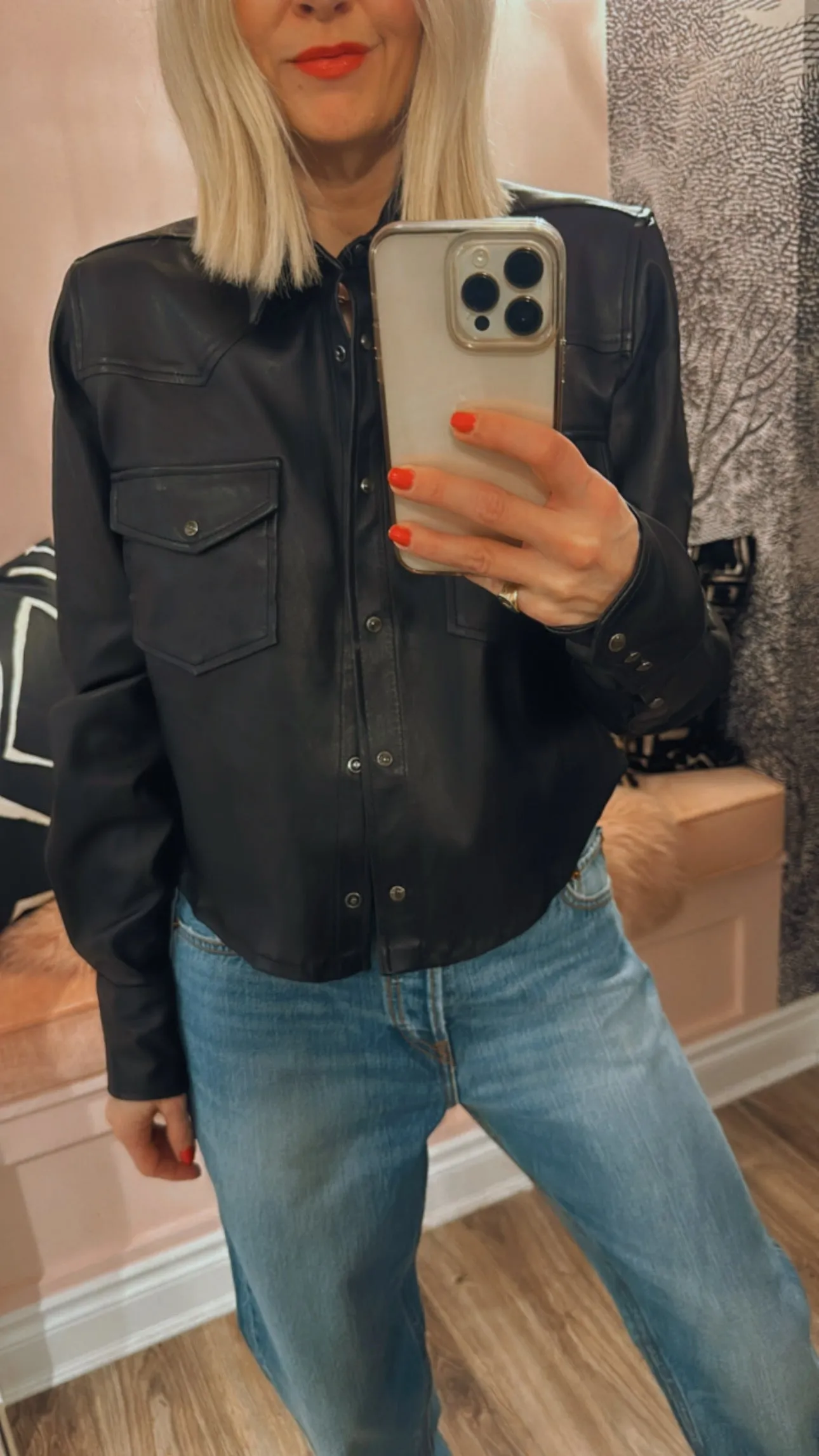 Black Leather Cropped Western Button Down