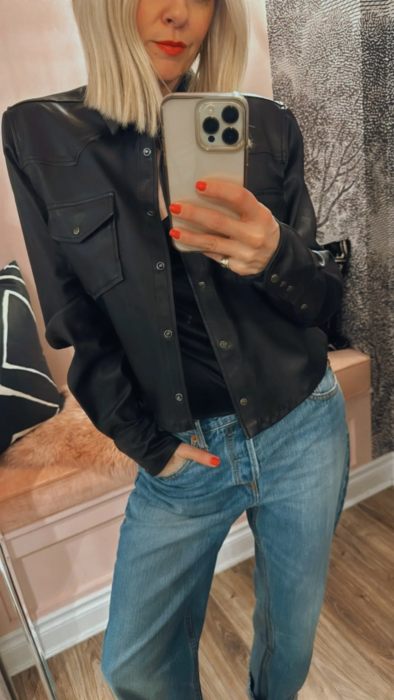 Black Leather Cropped Western Button Down