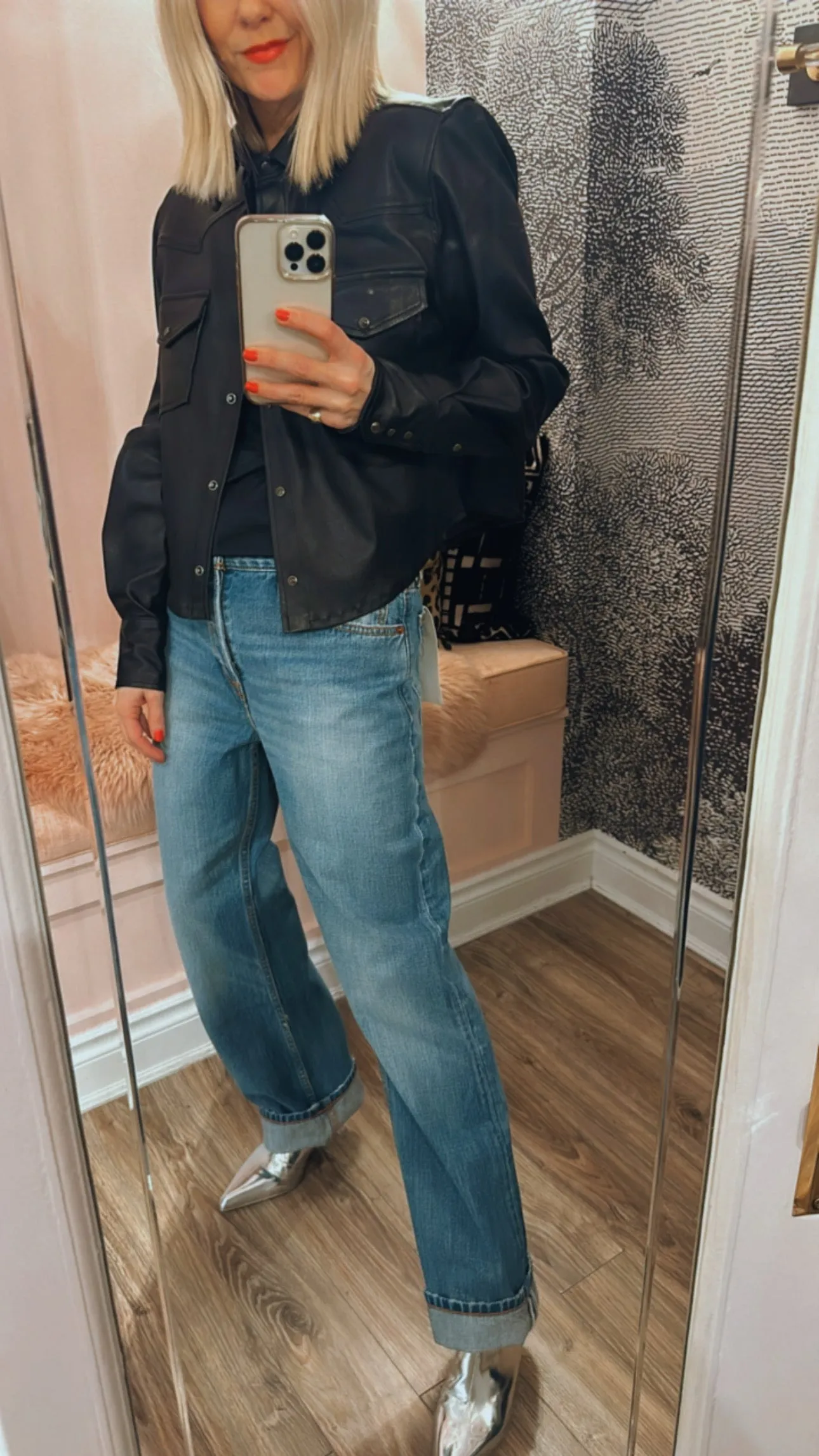 Black Leather Cropped Western Button Down