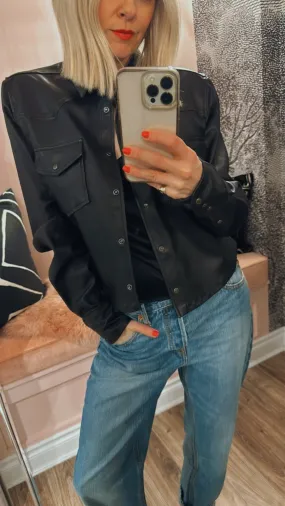 Black Leather Cropped Western Button Down