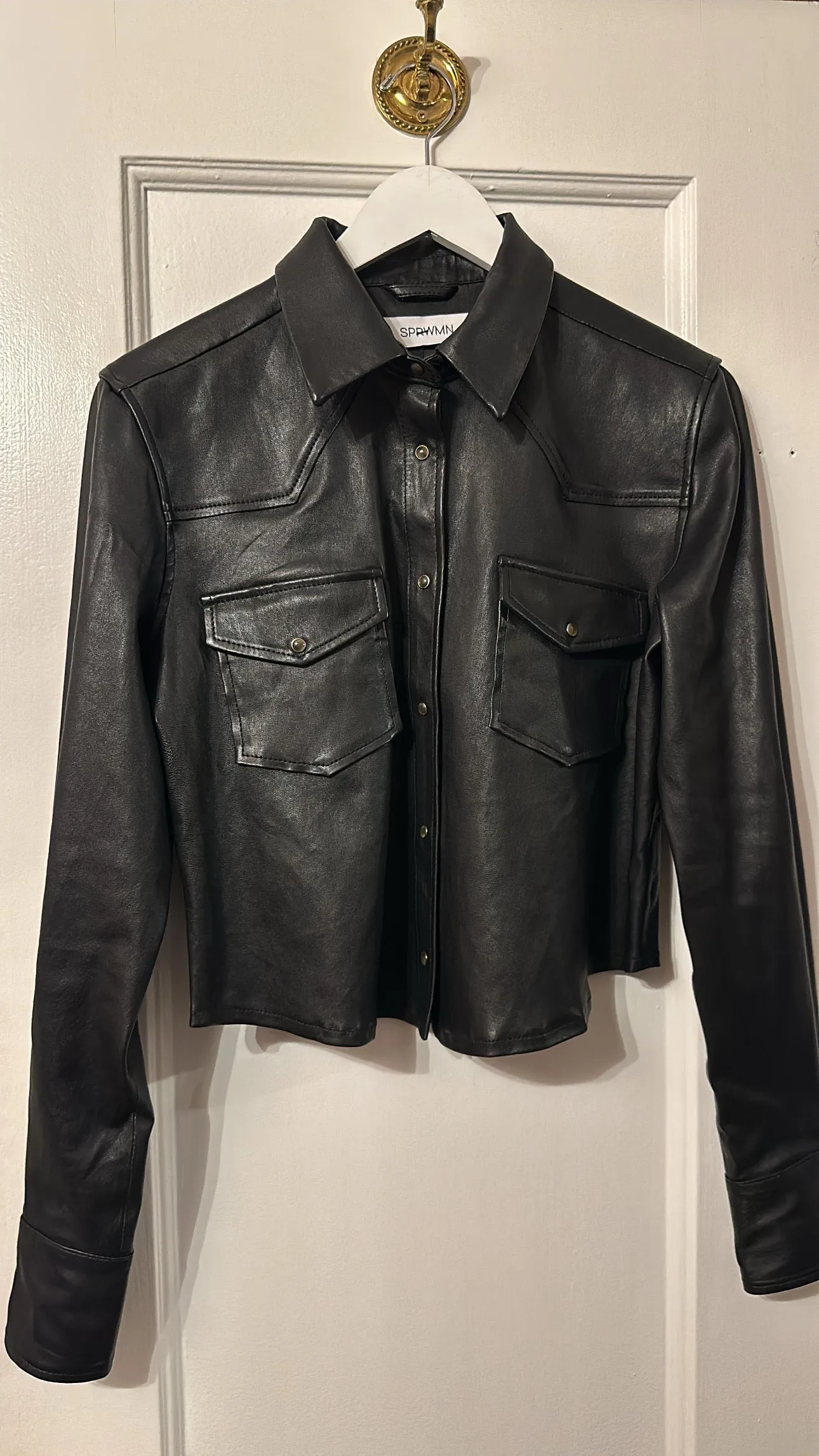 Black Leather Cropped Western Button Down
