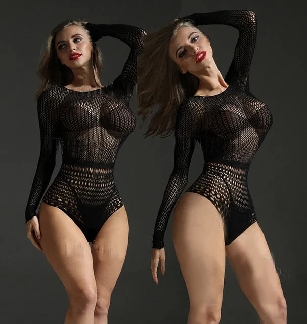 Black Long Sleeve Mesh Lace Design Bodysuit - Stretchy Bodysuit