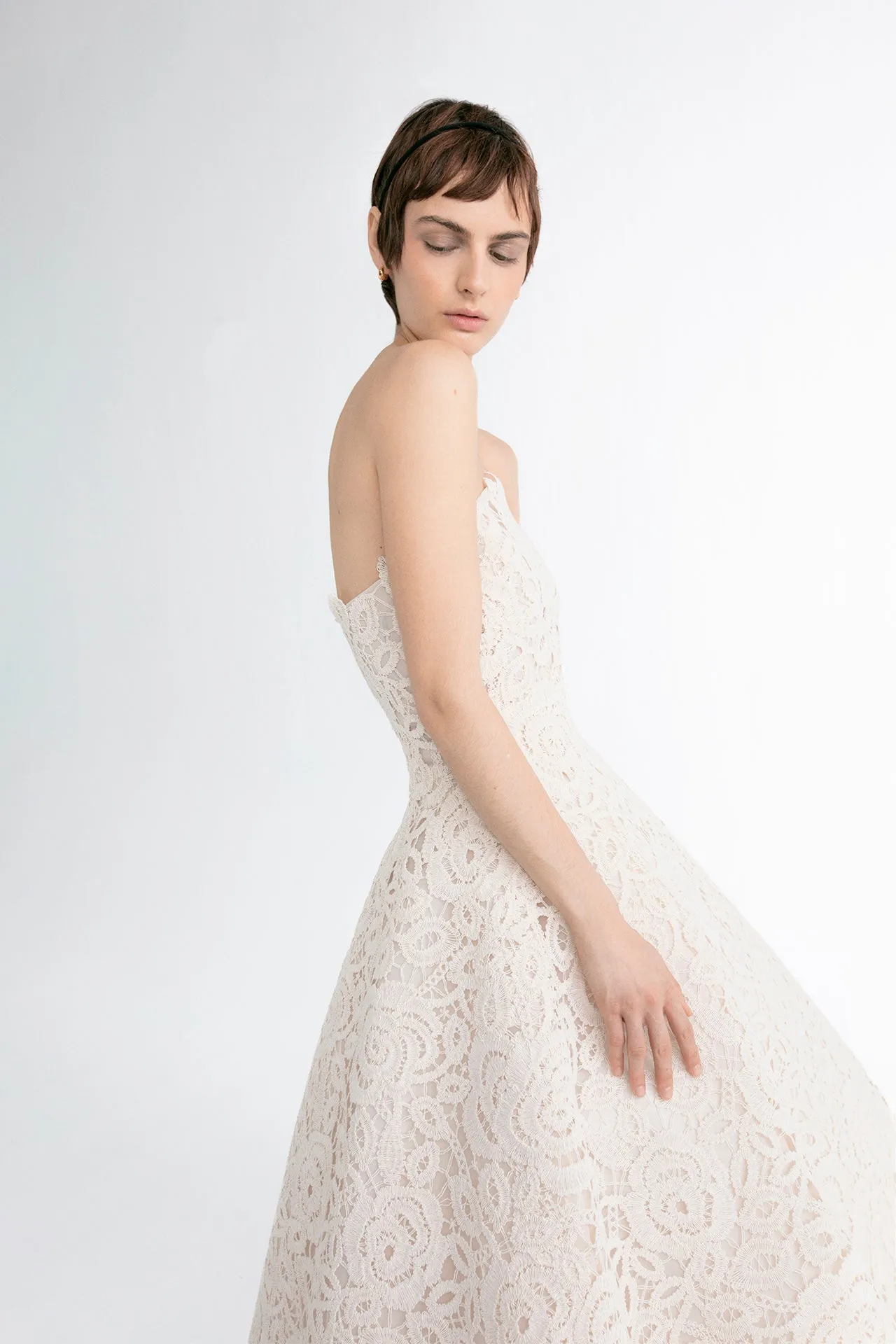 Chantilly and Taffeta Strapless A-line Midi Dress