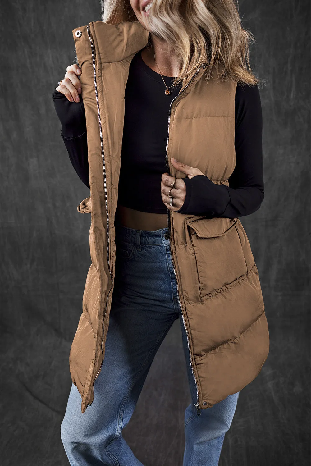 Coffee Windproof Longline Full Zipper Puffer Vest with Pockets