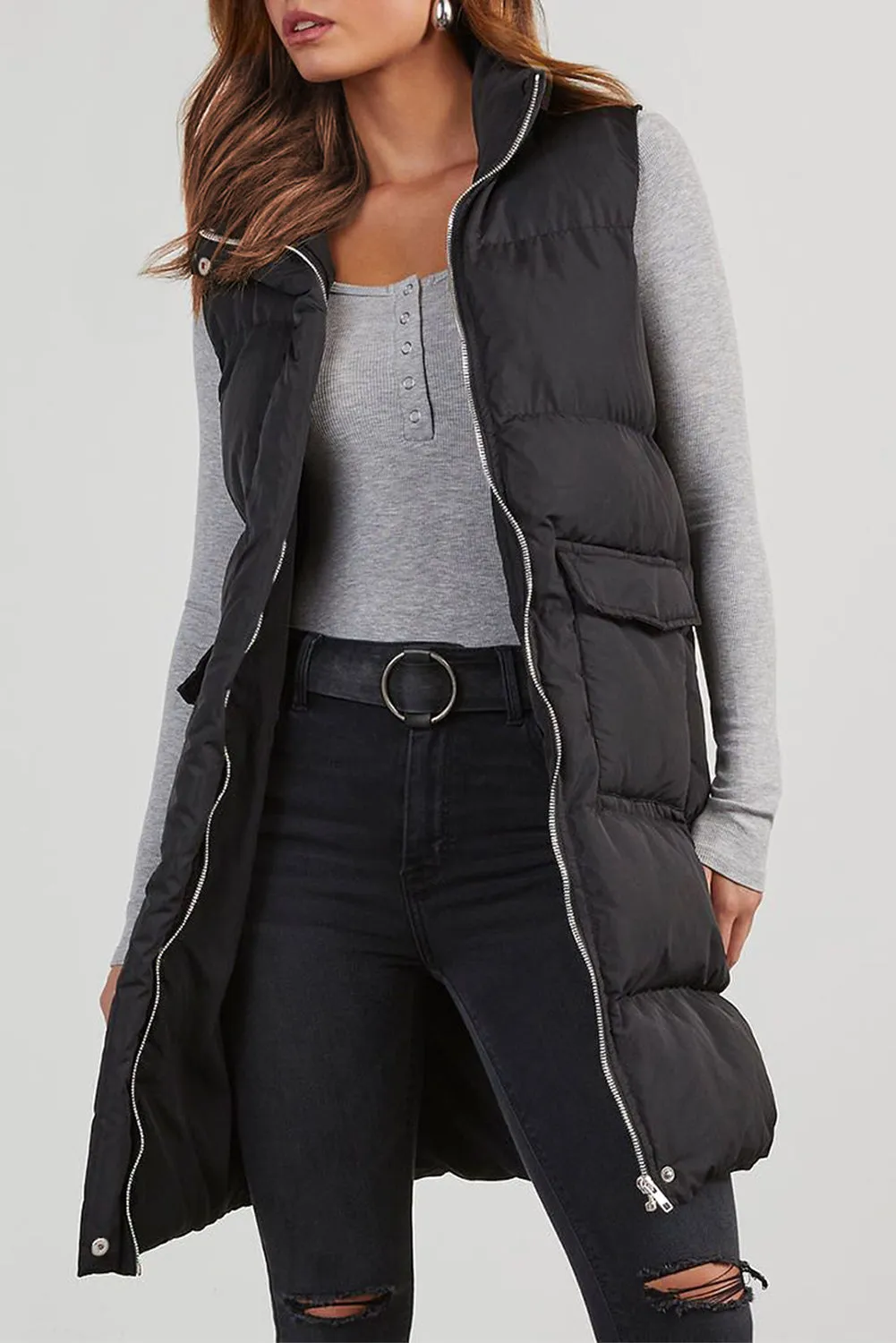 Coffee Windproof Longline Full Zipper Puffer Vest with Pockets