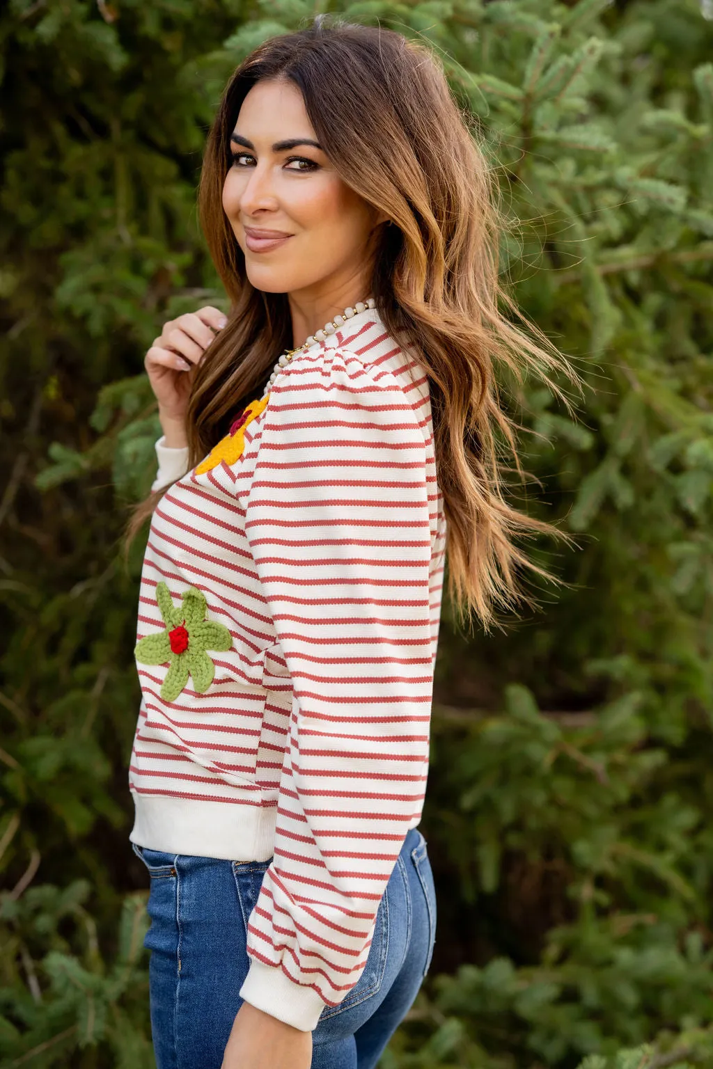 Crocheted Floral Striped Sweatshirt