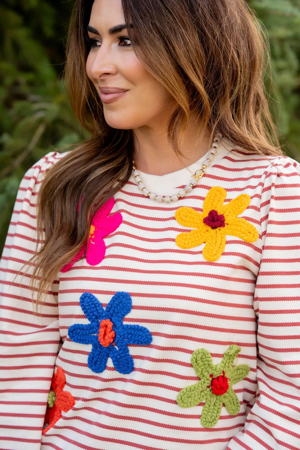 Crocheted Floral Striped Sweatshirt