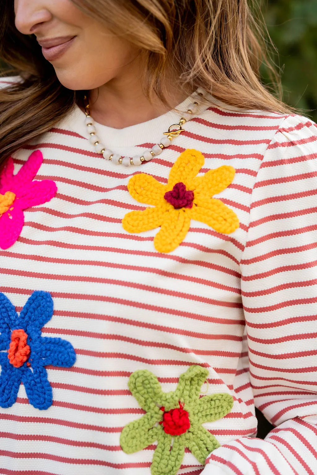 Crocheted Floral Striped Sweatshirt