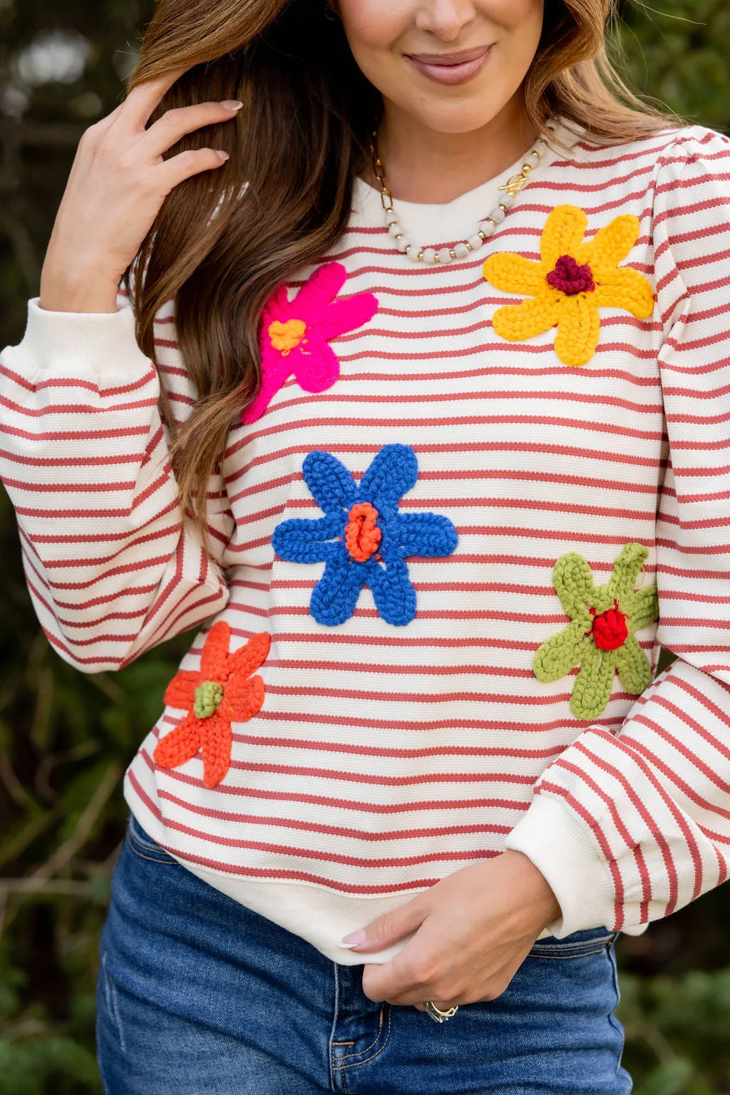 Crocheted Floral Striped Sweatshirt