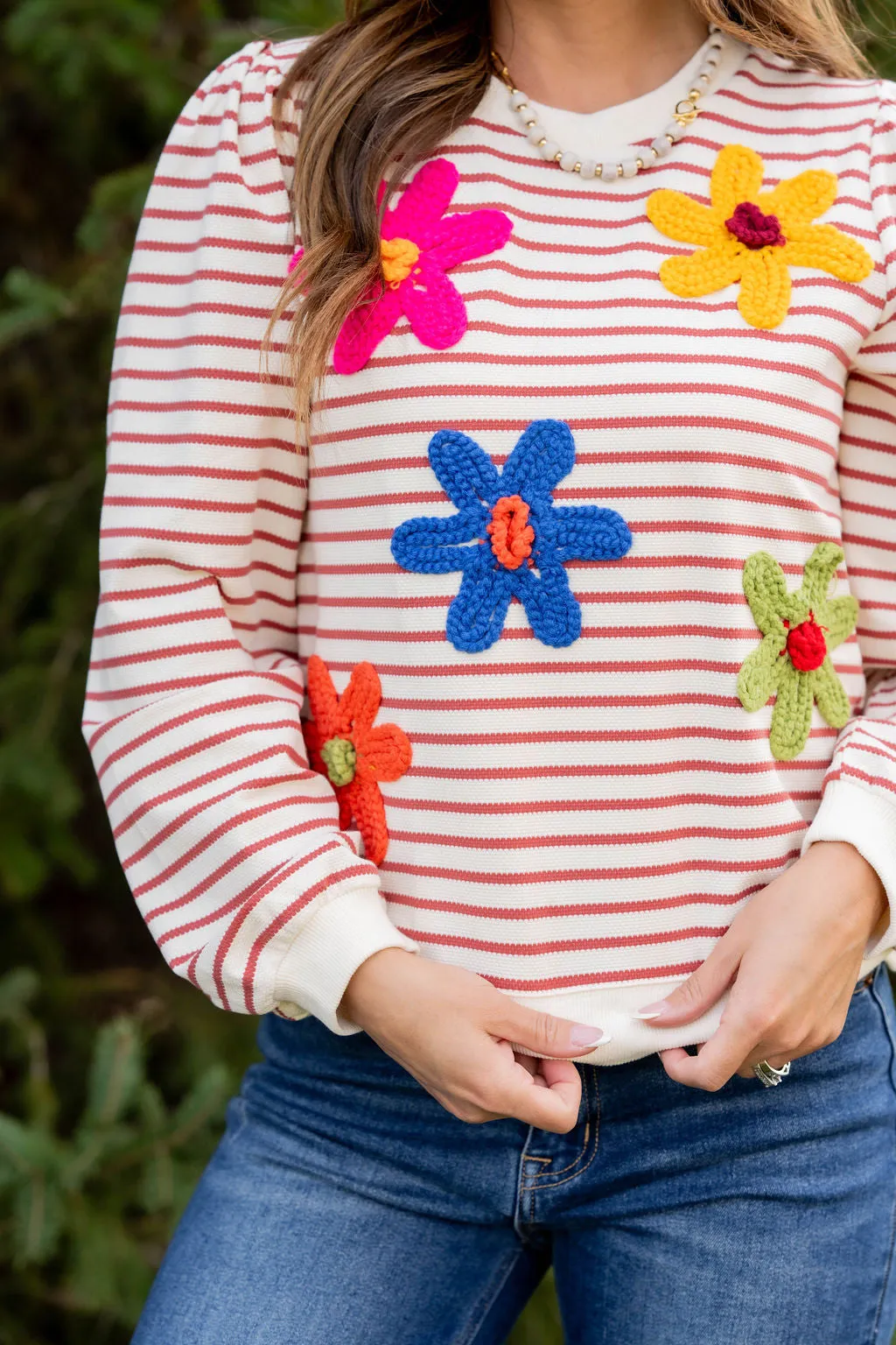 Crocheted Floral Striped Sweatshirt