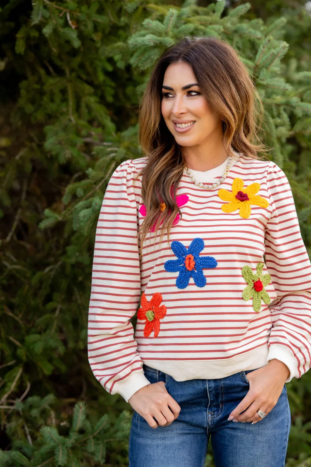 Crocheted Floral Striped Sweatshirt