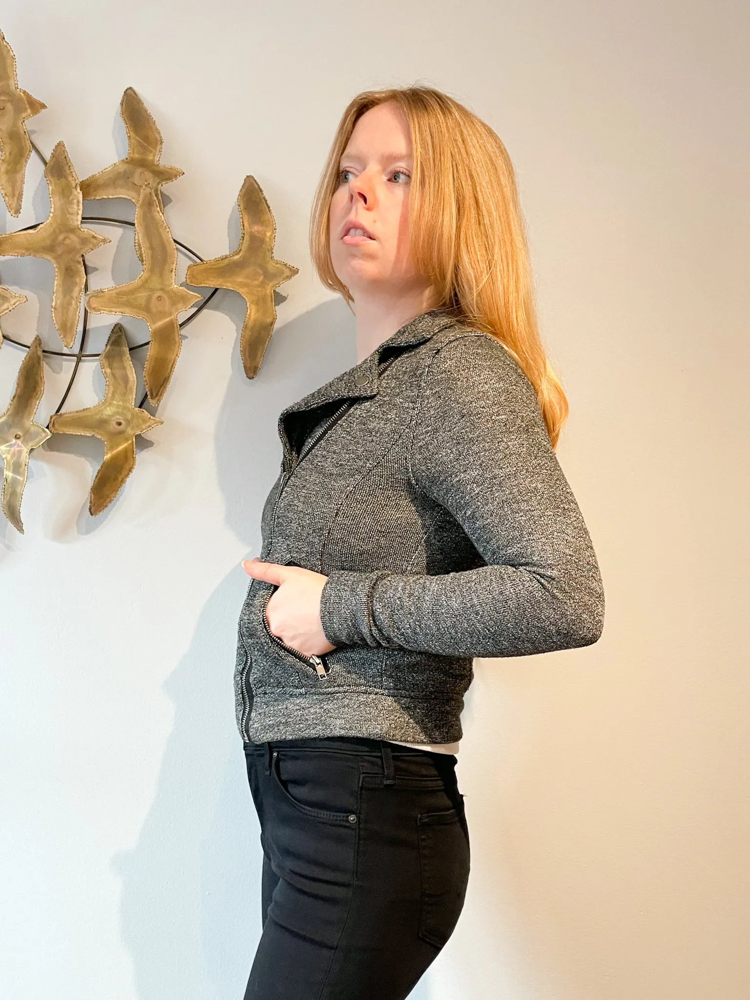 Dex Grey Knit Moto Style Zipper Cropped Jacket - XS