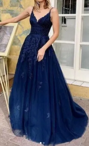 Fashion Cross Back Navy Blue Prom Dress