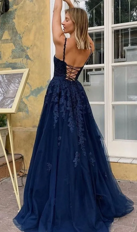 Fashion Cross Back Navy Blue Prom Dress