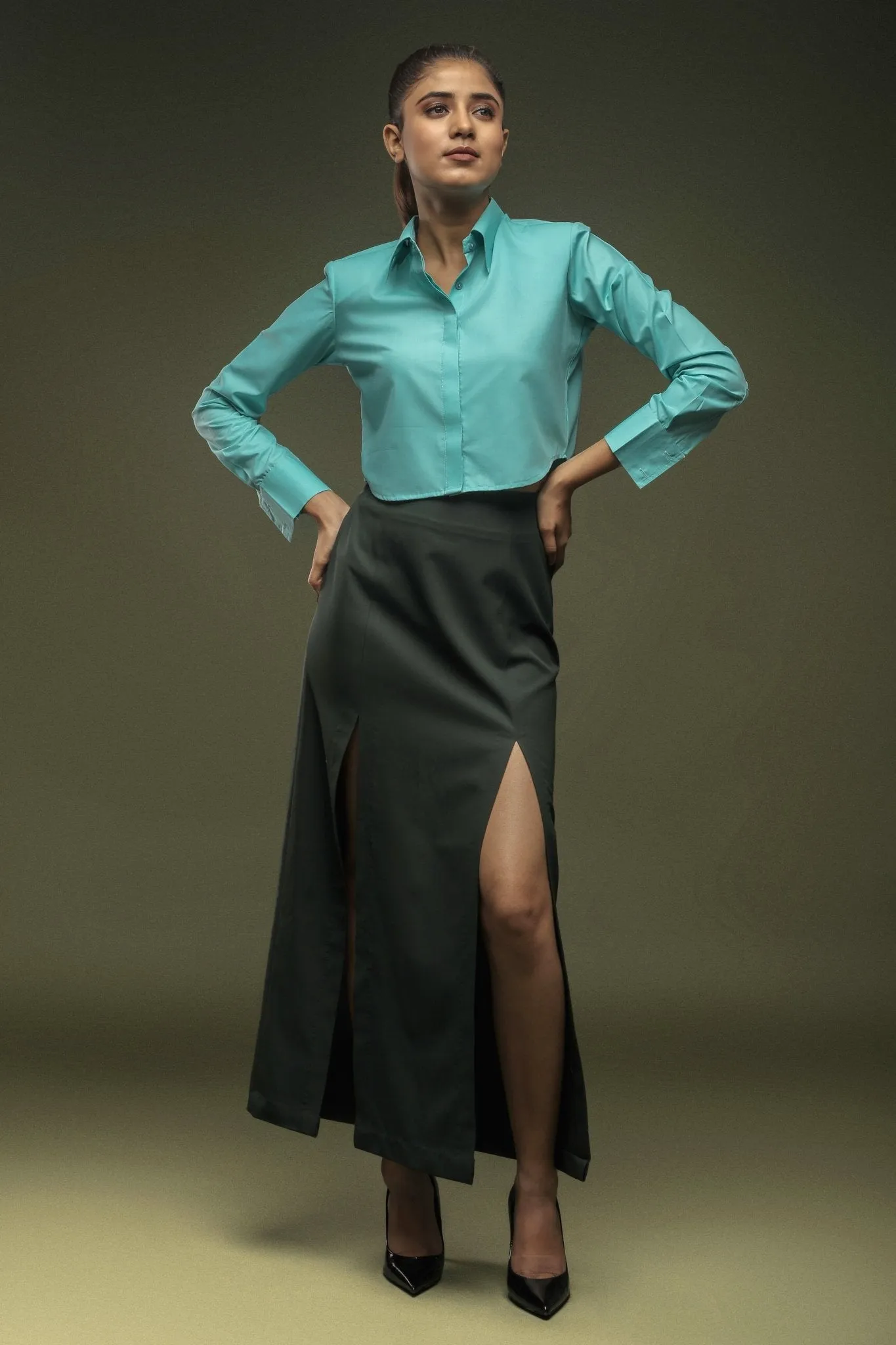 Green Slit Long Skirt