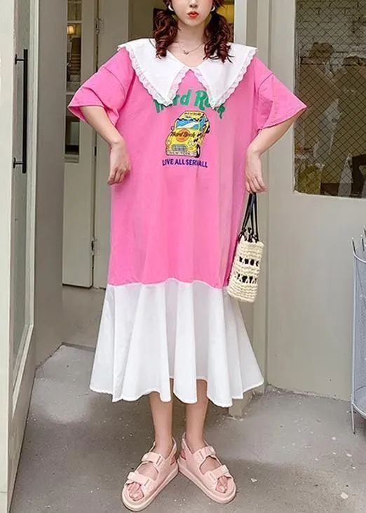 Handmade pink Cartoon print tunics for women Ruffled patchwork Dress