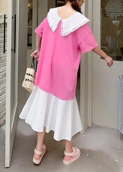 Handmade pink Cartoon print tunics for women Ruffled patchwork Dress