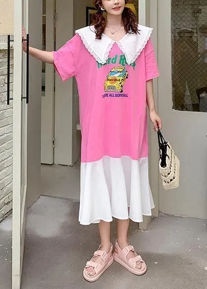 Handmade pink Cartoon print tunics for women Ruffled patchwork Dress