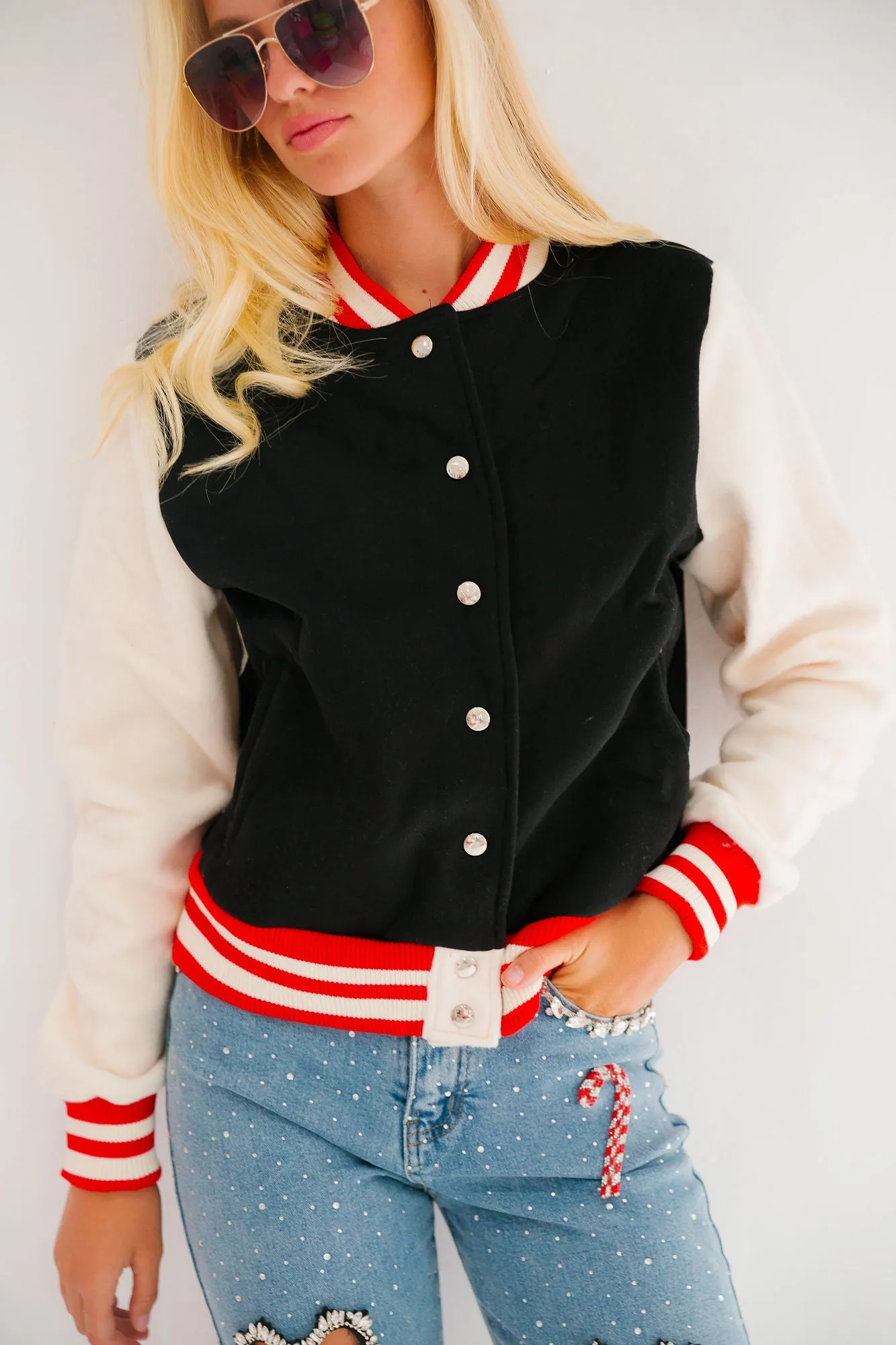 HOLLY JOLLY BLACK VARSITY JACKET