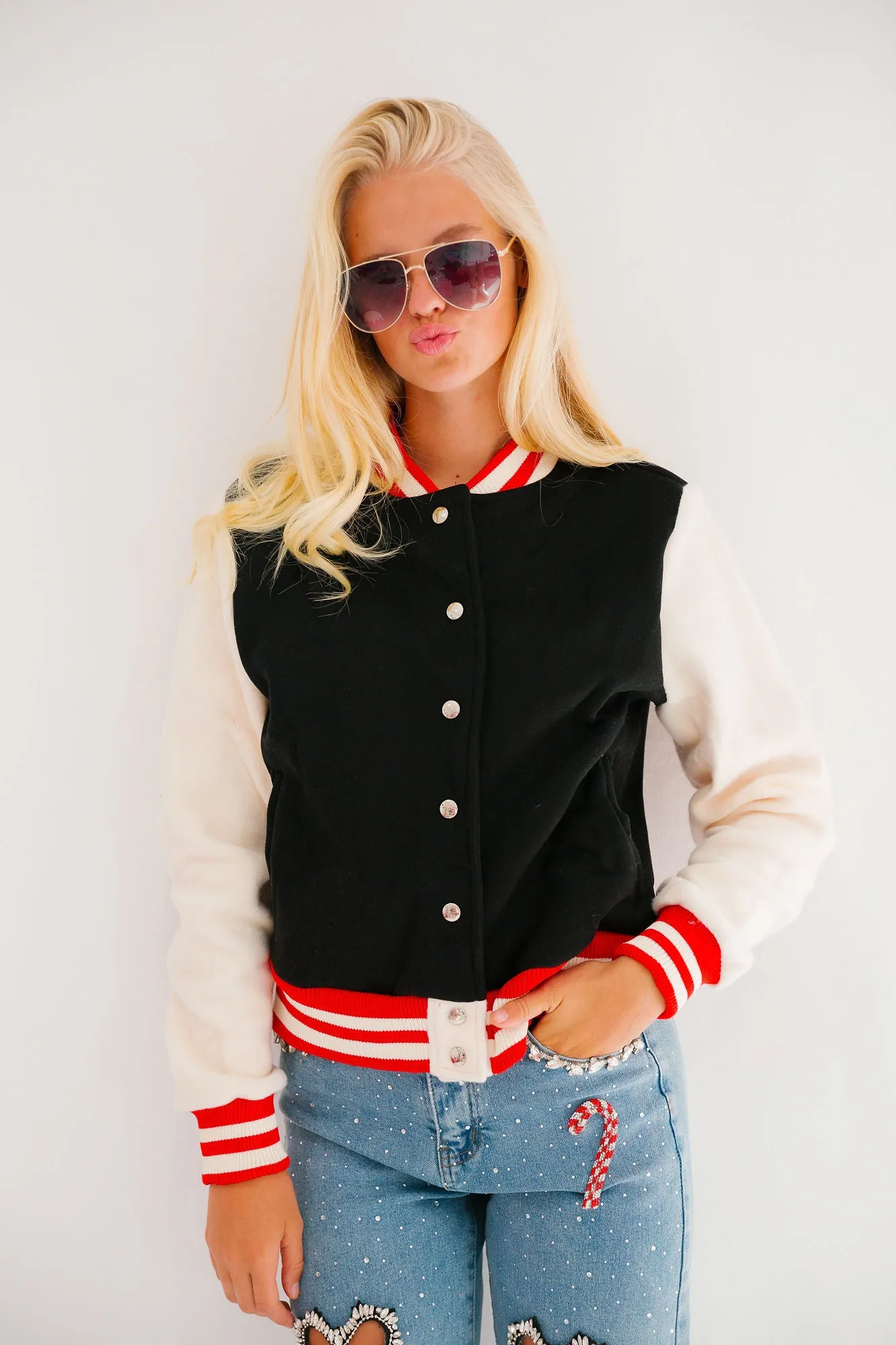 HOLLY JOLLY BLACK VARSITY JACKET