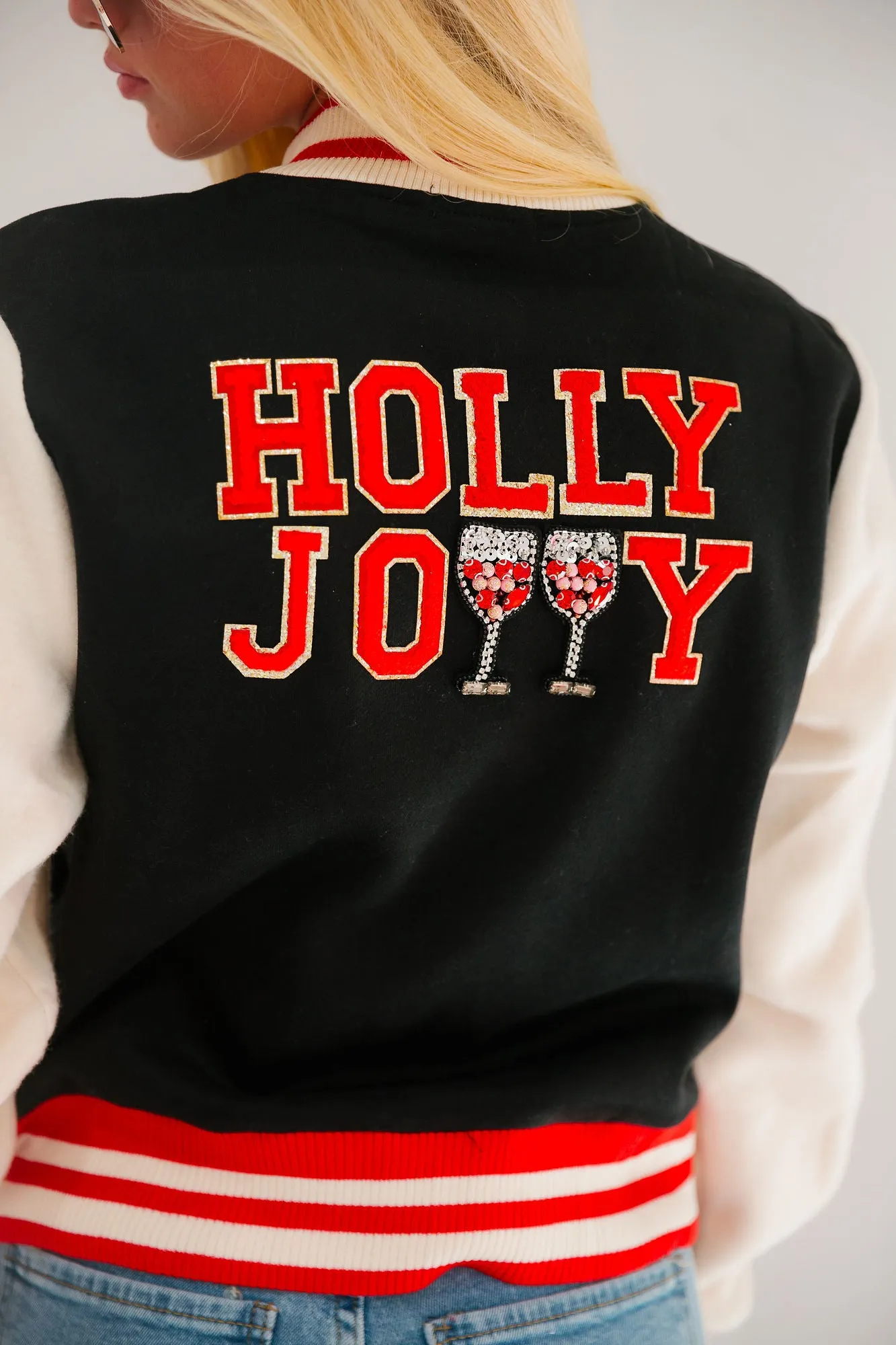 HOLLY JOLLY BLACK VARSITY JACKET