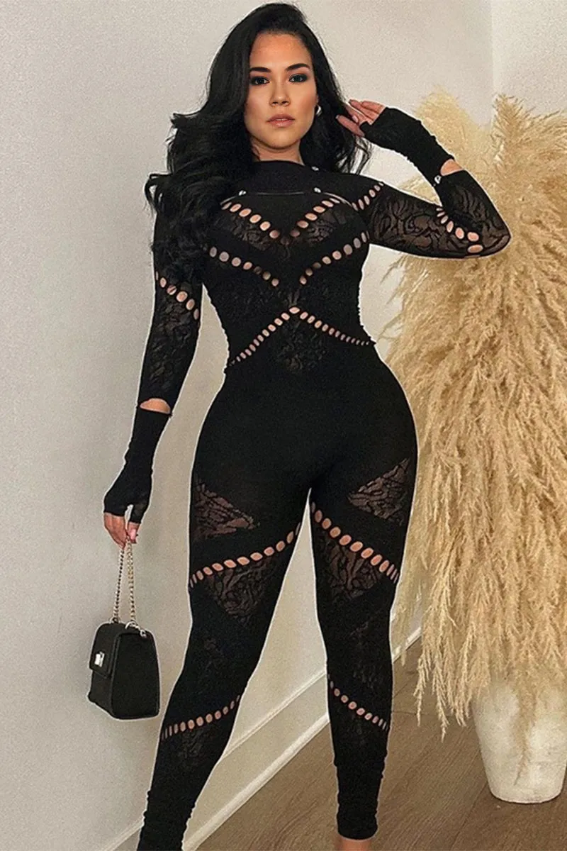JG0427 Mesh Keyholes Bodycon Jumpsuits
