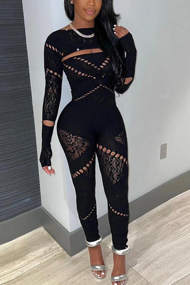 JG0427 Mesh Keyholes Bodycon Jumpsuits