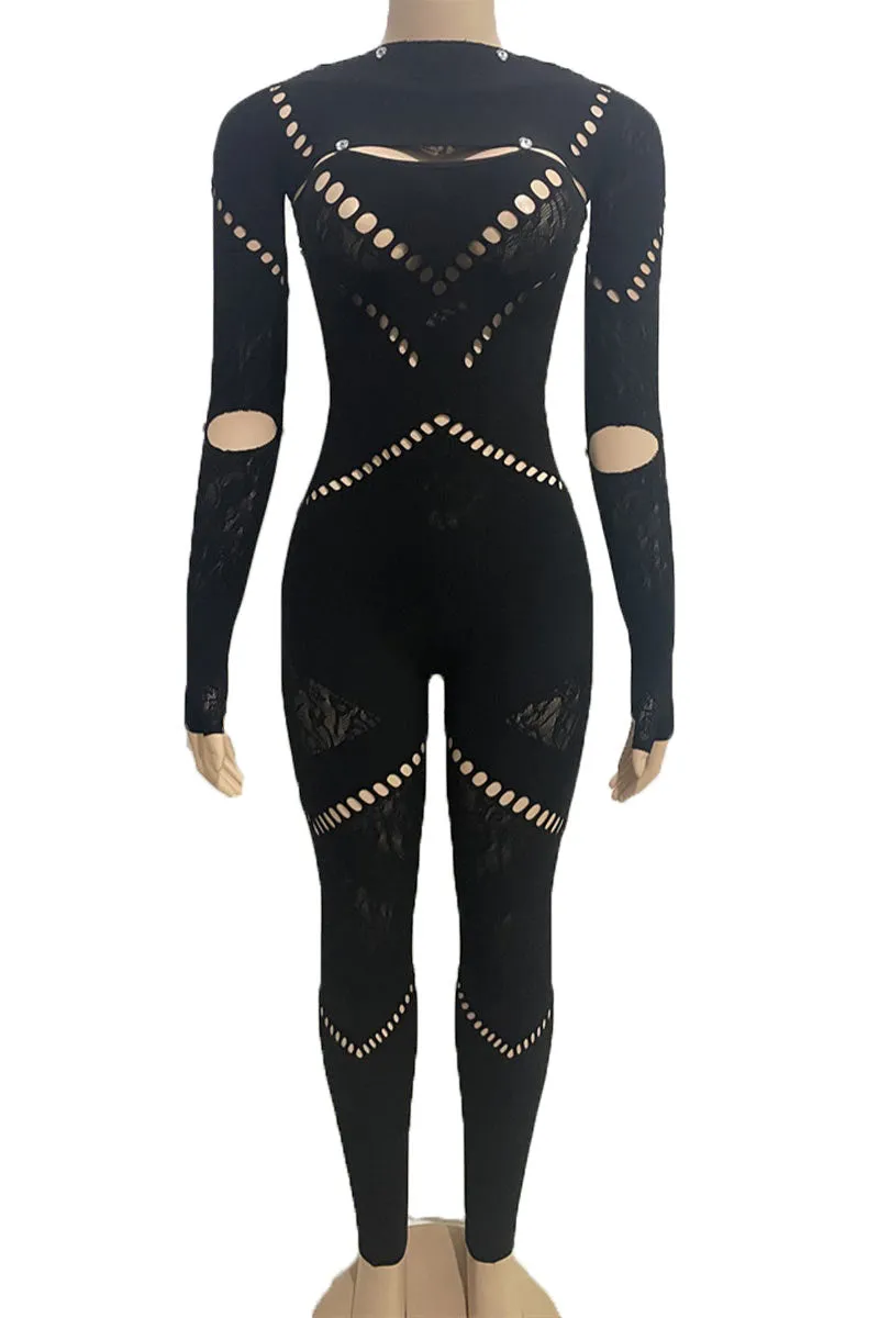JG0427 Mesh Keyholes Bodycon Jumpsuits