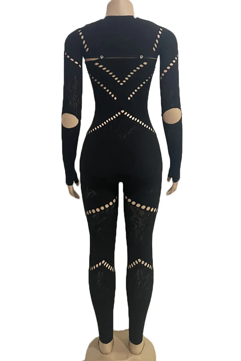 JG0427 Mesh Keyholes Bodycon Jumpsuits