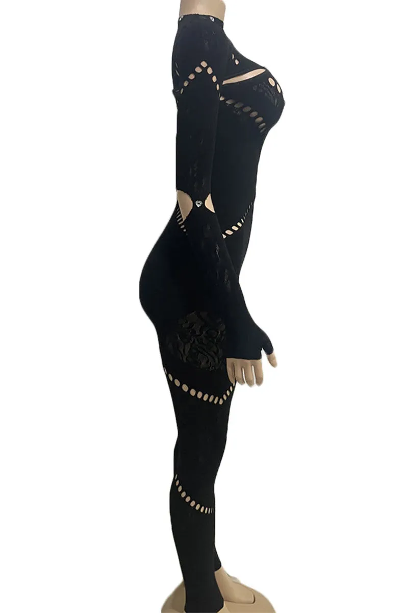 JG0427 Mesh Keyholes Bodycon Jumpsuits