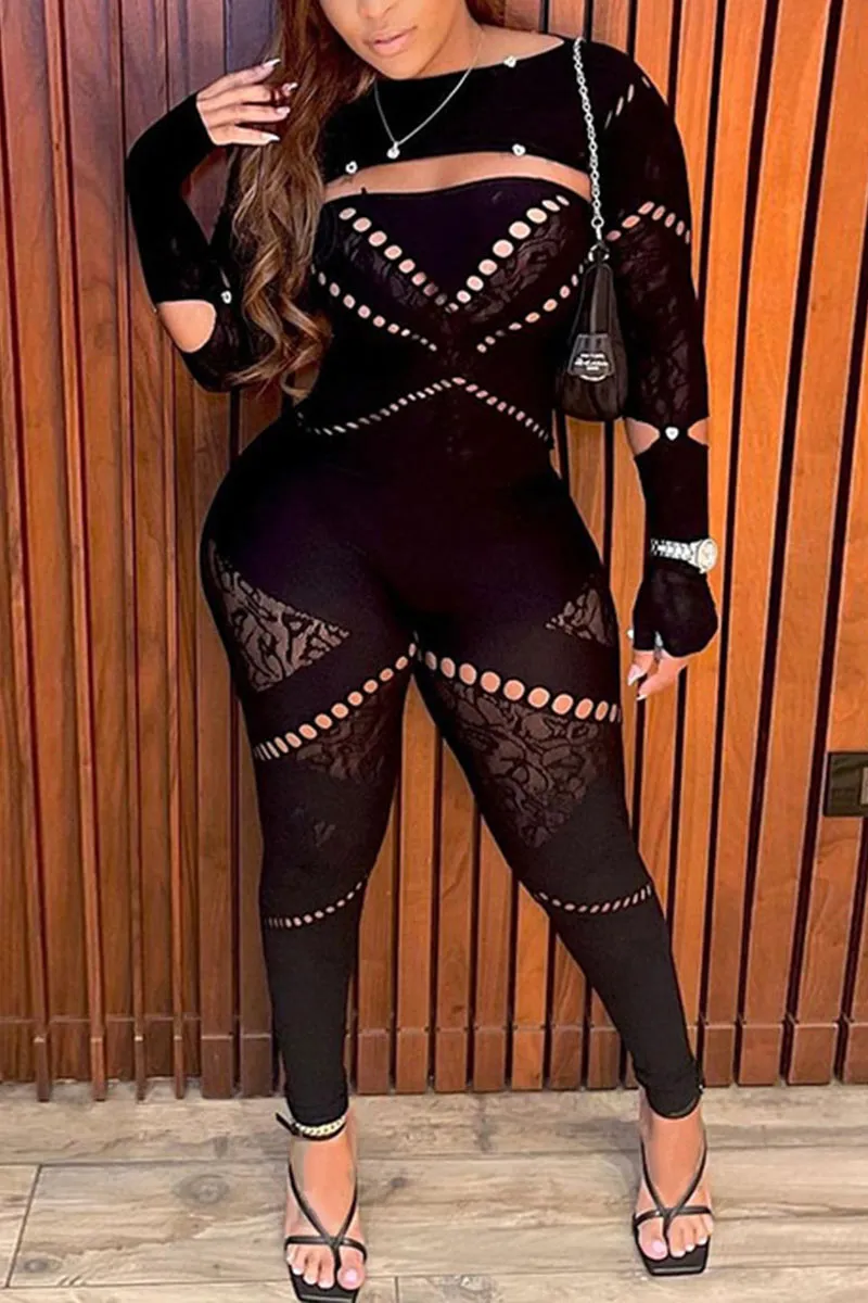 JG0427 Mesh Keyholes Bodycon Jumpsuits