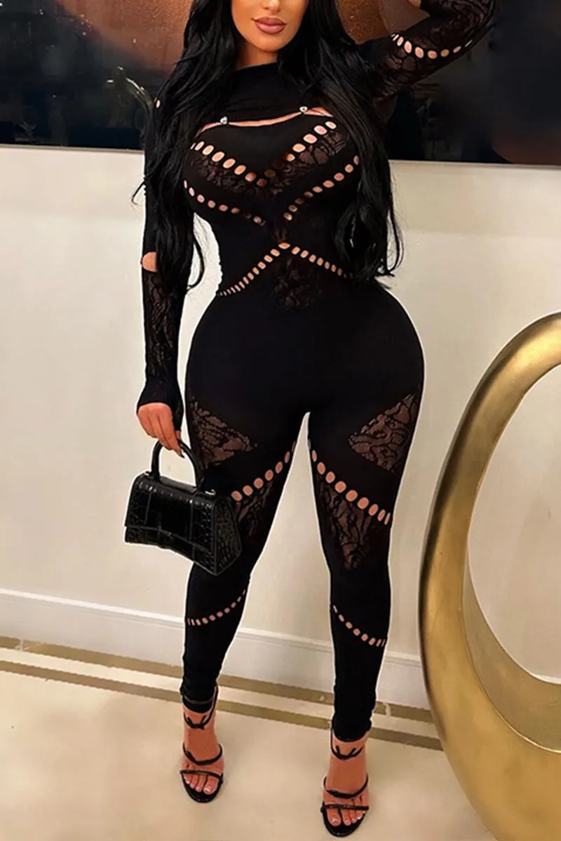 JG0427 Mesh Keyholes Bodycon Jumpsuits