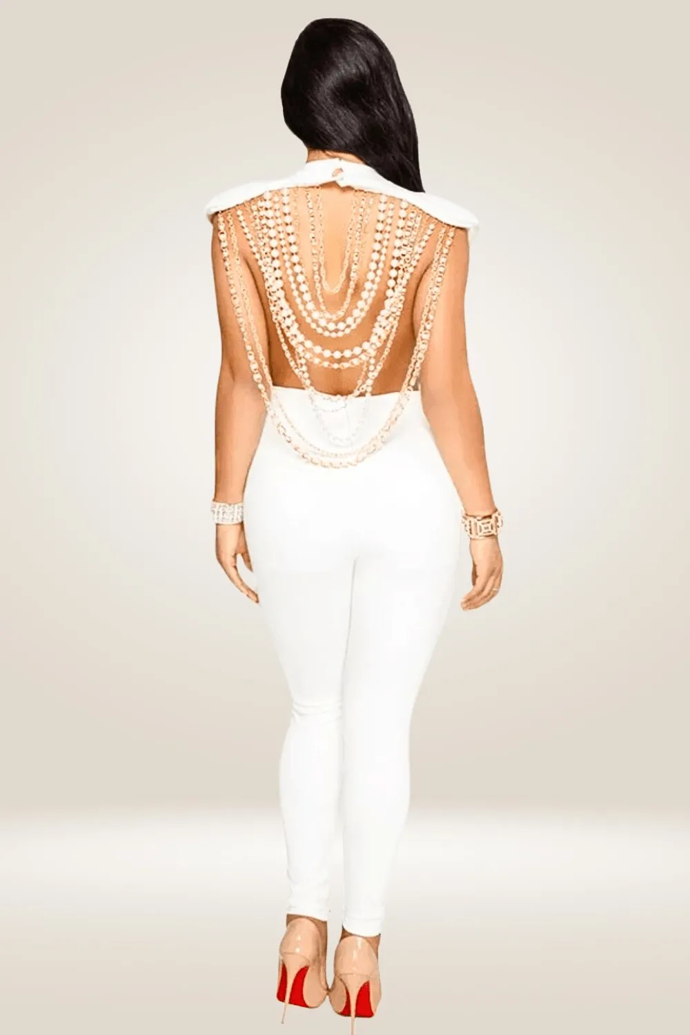 Kendall Pearl Chain Backless Jumpsuit - White