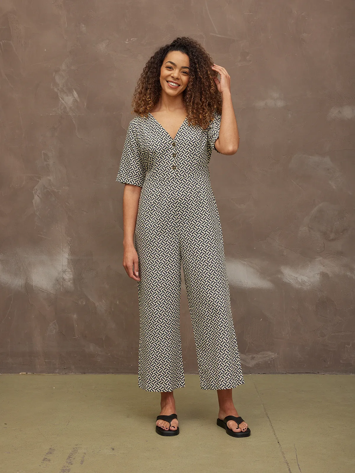 Lola - Button Jumpsuit - Navy Geo Print