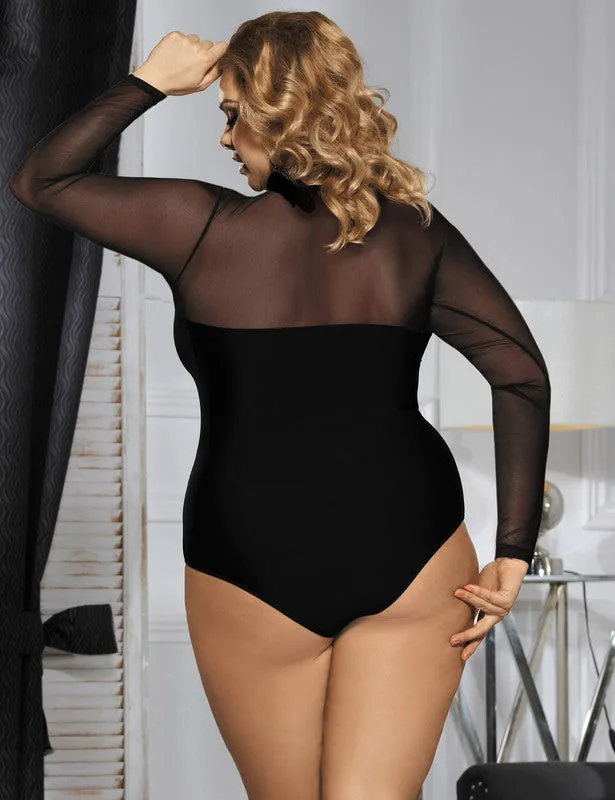 Long Sleeve Plus Size Openable Crotch Mesh Bodysuit