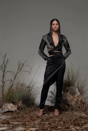 Long-Sleeved Cropped Jacket with Draped Pants