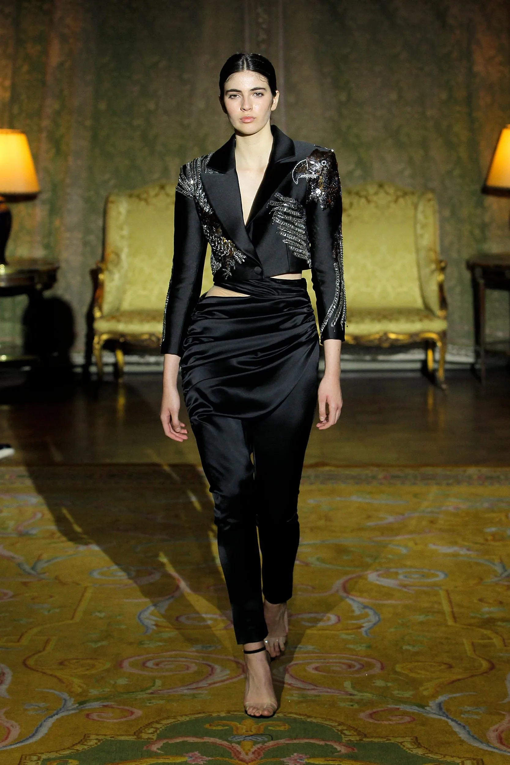 Long-Sleeved Cropped Jacket with Draped Pants