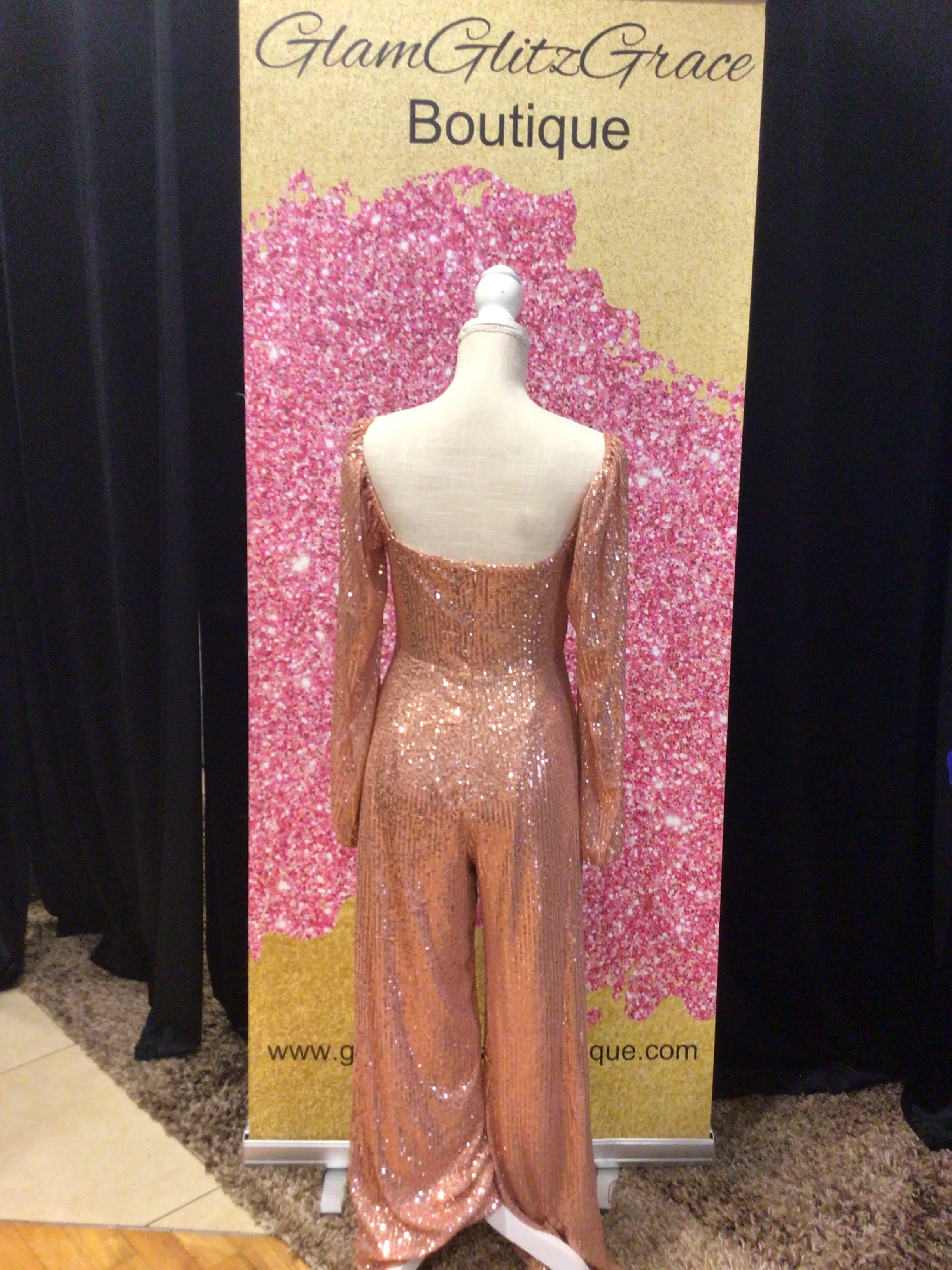 Long Sleeves Sequin V-cut Wide Leg Jumpsuit