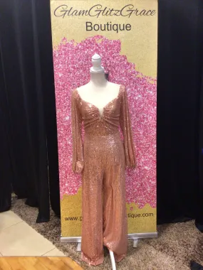 Long Sleeves Sequin V-cut Wide Leg Jumpsuit