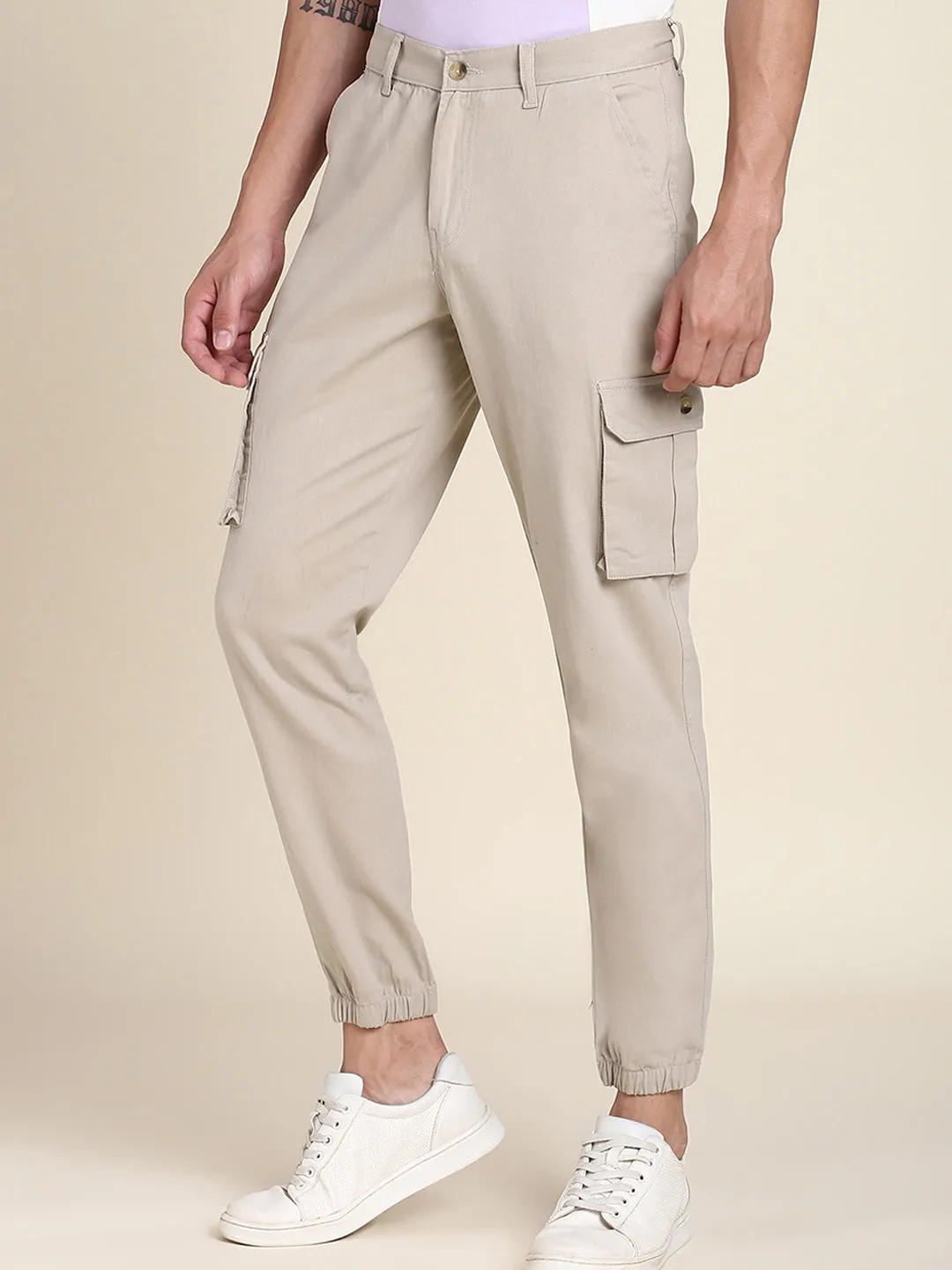 Men's Beige Solid Cargo Jogger