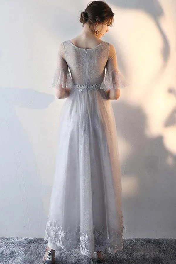 Modest Flowy Tulle Gray Romantic Prom Dress with Lace Top GDC1229