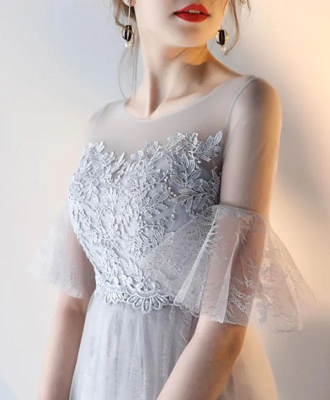 Modest Flowy Tulle Gray Romantic Prom Dress with Lace Top GDC1229