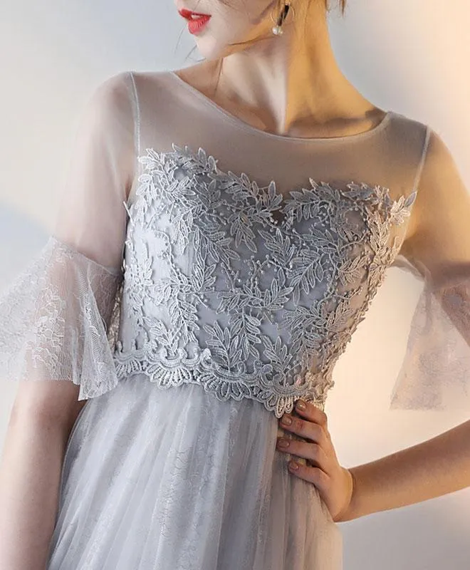 Modest Flowy Tulle Gray Romantic Prom Dress with Lace Top GDC1229