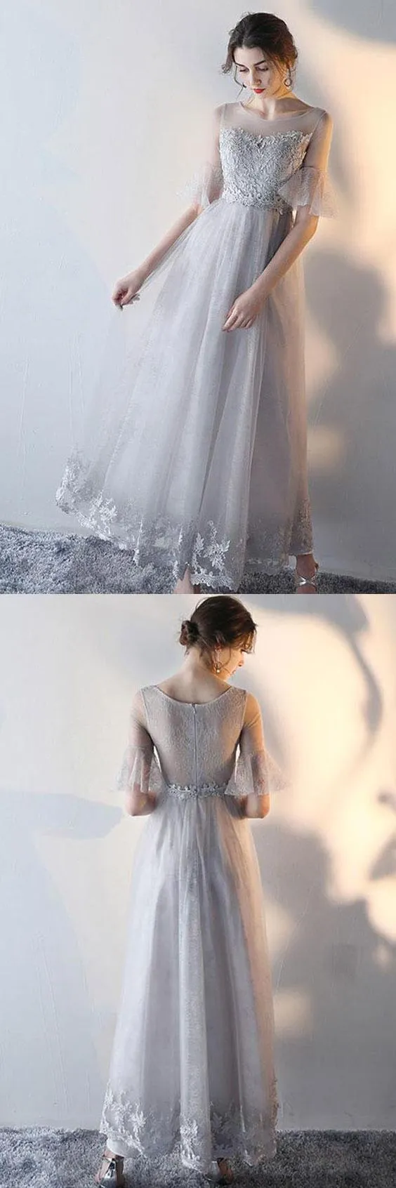 Modest Flowy Tulle Gray Romantic Prom Dress with Lace Top GDC1229