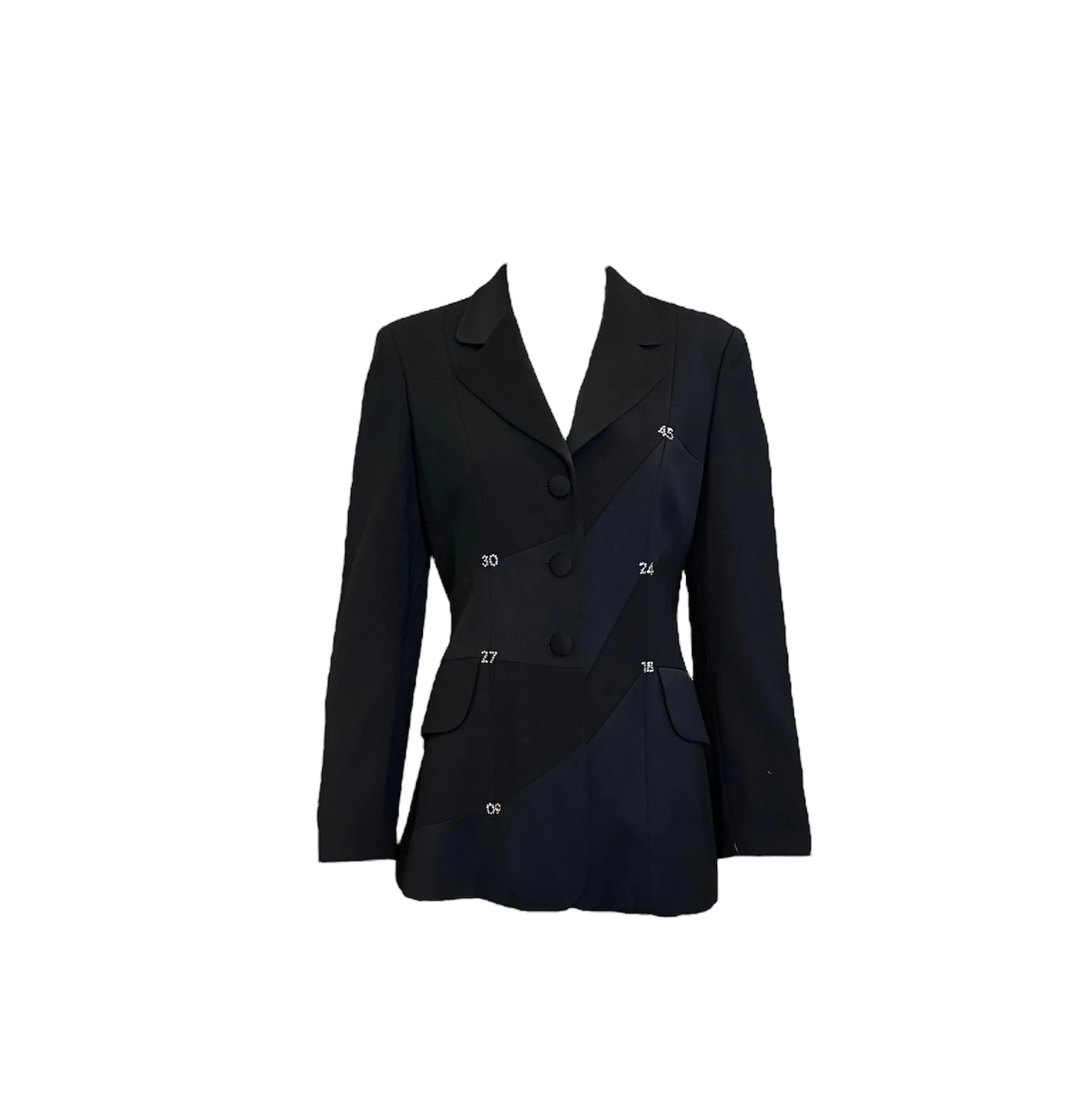 Moschino Cheap and Chic 90s Black Patchwork Dress Ensemble with Rhinestone Numbers