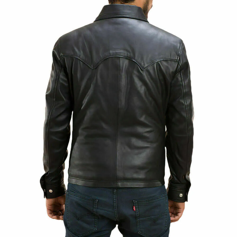 New Men's Genuine Lambskin Leather Biker Jacket, Black Leather button shirt Jacket