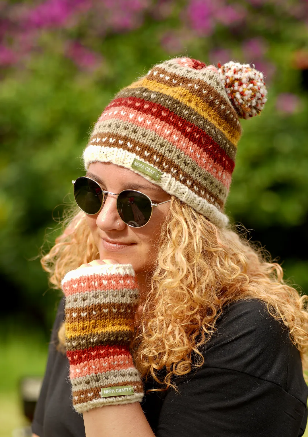 Pink and White Multicolored  Love Sherpa Pom Pom Beanie